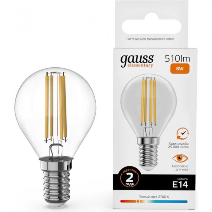 Лампа GAUSS FILAMENT ELEMENTARY Шар 8W 510lm 2700К Е14 LED 1/10/100 52118 Лампа GAUSS FILAMENT ELEMENTARY Шар 8W 510lm 2700К Е14 LED 1/10/100 52118