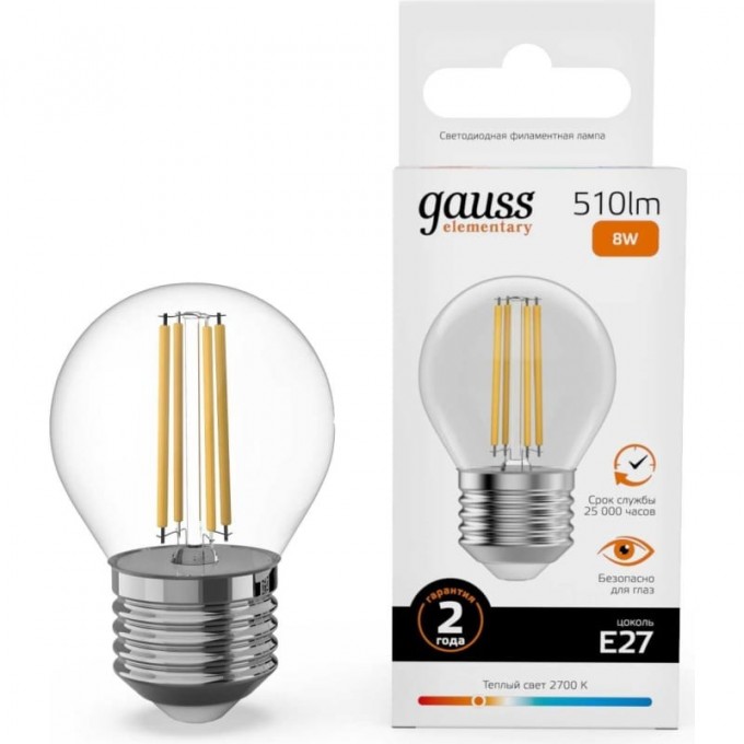 Лампа GAUSS FILAMENT ELEMENTARY Шар 8W 510lm 2700К Е27 LED 1/10/100 52218 Лампа GAUSS FILAMENT ELEMENTARY Шар 8W 510lm 2700К Е27 LED 1/10/100 52218