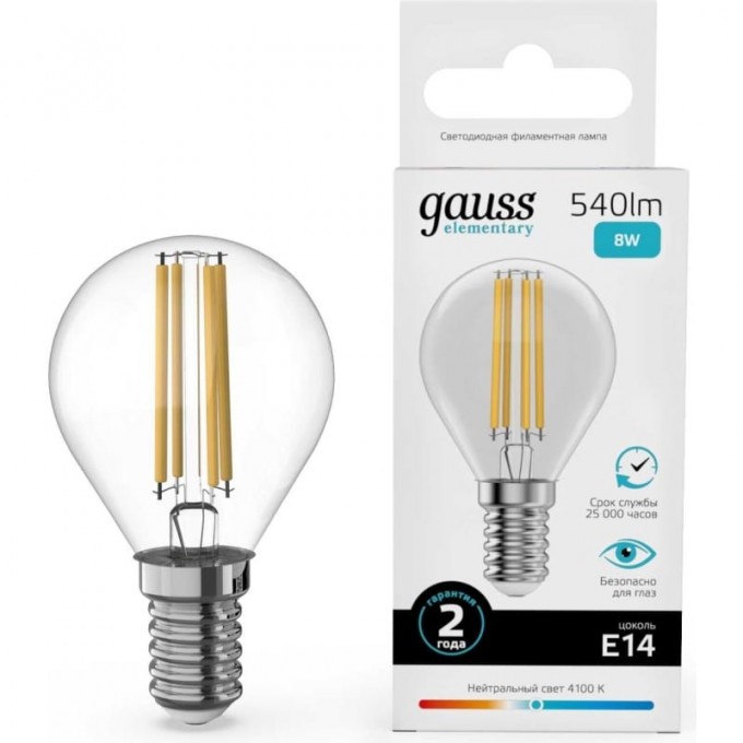 Лампа GAUSS FILAMENT ELEMENTARY Шар 8W 540lm 4100К Е14 LED 1/10/100 52128 Лампа GAUSS FILAMENT ELEMENTARY Шар 8W 540lm 4100К Е14 LED 1/10/100 52128
