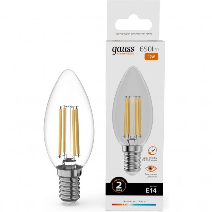 Лампа GAUSS FILAMENT ELEMENTARY Свеча 10W 650lm 2700К Е14 LED 1/10/100 32110 Лампа GAUSS FILAMENT ELEMENTARY Свеча 10W 650lm 2700К Е14 LED 1/10/100 32110