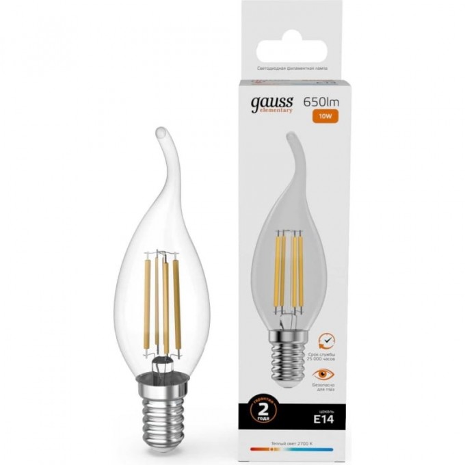 Лампа GAUSS FILAMENT ELEMENTARY Свеча на ветру 10W 650lm 2700К Е14 LED 1/10/100 42110 Лампа GAUSS FILAMENT ELEMENTARY Свеча на ветру 10W 650lm 2700К Е14 LED 1/10/100 42110