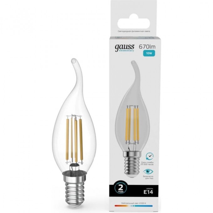 Лампа GAUSS FILAMENT ELEMENTARY Свеча на ветру 10W 670lm 4100К Е14 LED 1/10/100 42120 Лампа GAUSS FILAMENT ELEMENTARY Свеча на ветру 10W 670lm 4100К Е14 LED 1/10/100 42120