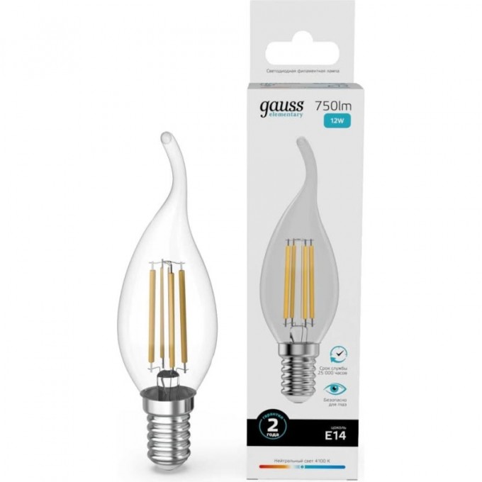 Лампа GAUSS FILAMENT ELEMENTARY Свеча на ветру 12W 750lm 4100К Е14 LED 1/10/100 42122 Лампа GAUSS FILAMENT ELEMENTARY Свеча на ветру 12W 750lm 4100К Е14 LED 1/10/100 42122