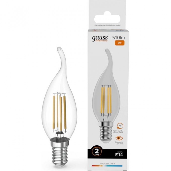 Лампа GAUSS FILAMENT ELEMENTARY Свеча на ветру 8W 510lm 2700К Е14 LED 1/10/100 42118 Лампа GAUSS FILAMENT ELEMENTARY Свеча на ветру 8W 510lm 2700К Е14 LED 1/10/100 42118
