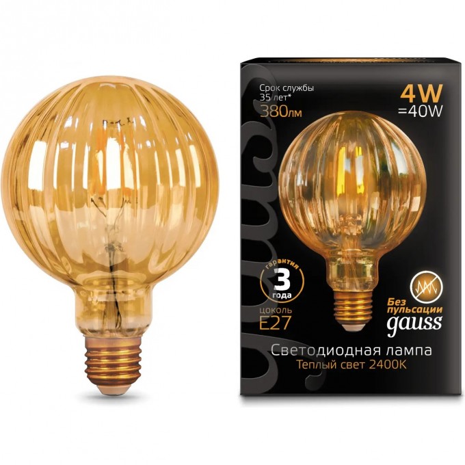 Лампа GAUSS FILAMENT G100 4W 380lm 2400К Е27 golden Baloon LED 147802004 Лампа GAUSS FILAMENT G100 4W 380lm 2400К Е27 golden Baloon LED 147802004