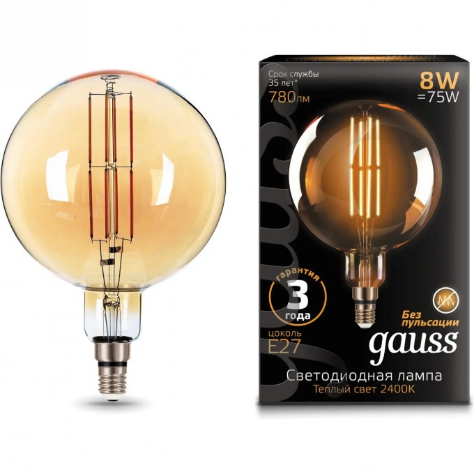 Лампа GAUSS FILAMENT G200 8W 780lm 2400К Е27 golden LED 153802008 Лампа GAUSS FILAMENT G200 8W 780lm 2400К Е27 golden LED 153802008