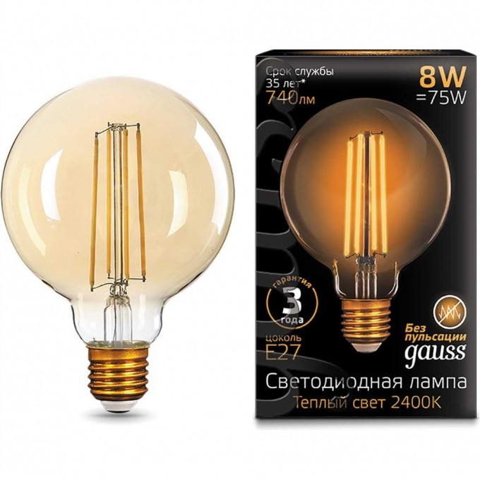 Лампа GAUSS FILAMENT G95 8W 2400К Е27 LED 1/20 golden 105802008 Лампа GAUSS FILAMENT G95 8W 2400К Е27 LED 1/20 golden 105802008