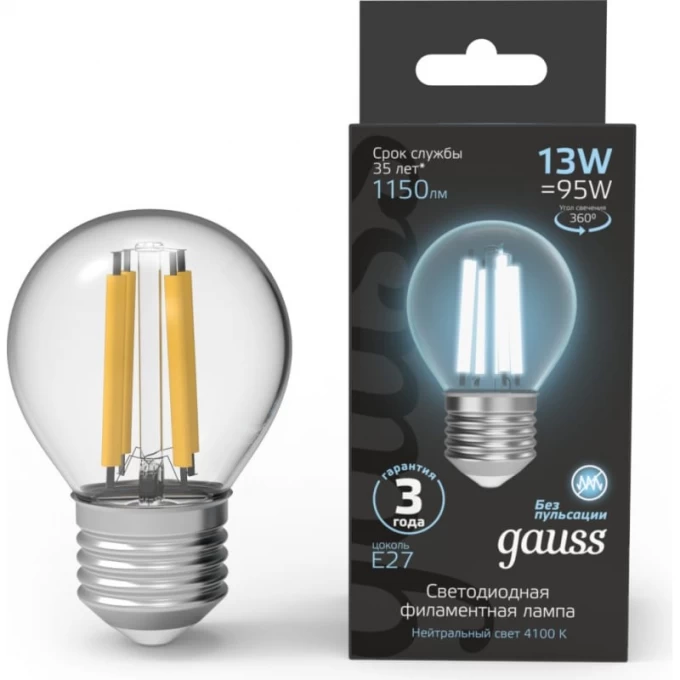 Лампа GAUSS FILAMENT Шар 13W 1150lm 4100К Е27 LED 105802213 Лампа GAUSS FILAMENT Шар 13W 1150lm 4100К Е27 LED 105802213
