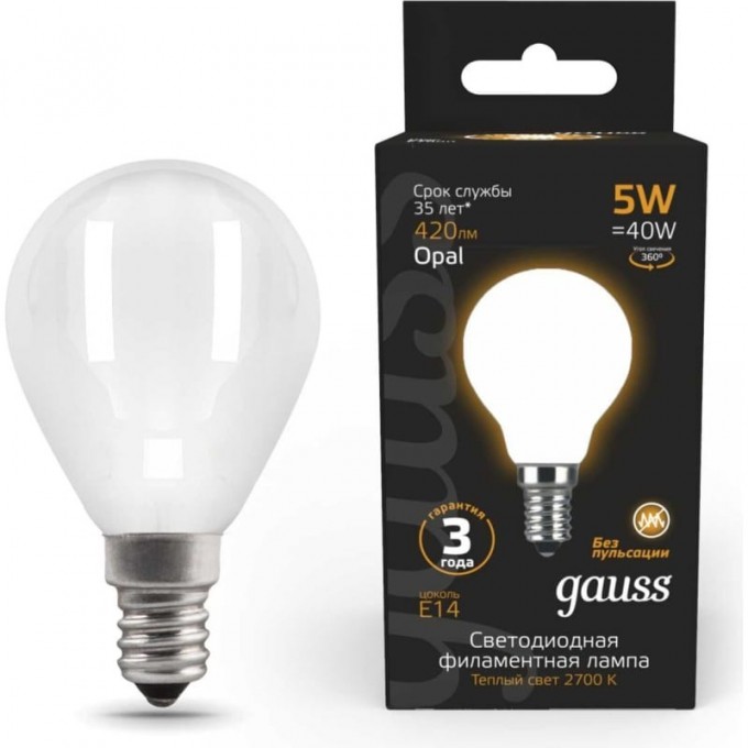 Лампа GAUSS FILAMENT Шар 5W 420lm 2700К Е14 LED 105801105 Лампа GAUSS FILAMENT Шар 5W 420lm 2700К Е14 LED 105801105