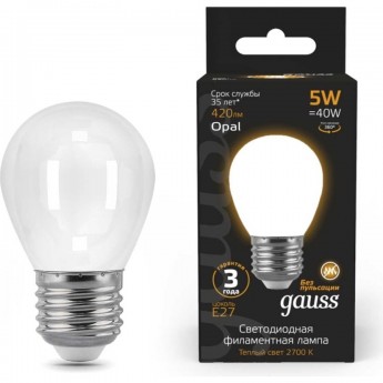 Лампа GAUSS FILAMENT Шар 5W 420lm 2700К Е27 milky LED Лампа GAUSS FILAMENT Шар 5W 420lm 2700К Е27 milky LED