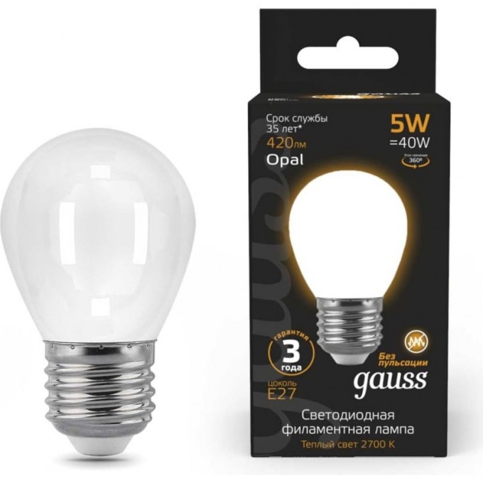 Лампа GAUSS FILAMENT Шар 5W 420lm 2700К Е27 milky LED 105202105 Лампа GAUSS FILAMENT Шар 5W 420lm 2700К Е27 milky LED 105202105