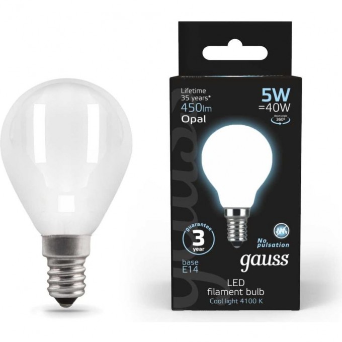 Лампа GAUSS FILAMENT Шар 5W 450lm 4100К Е14 milky LED 105201205 Лампа GAUSS FILAMENT Шар 5W 450lm 4100К Е14 milky LED 105201205