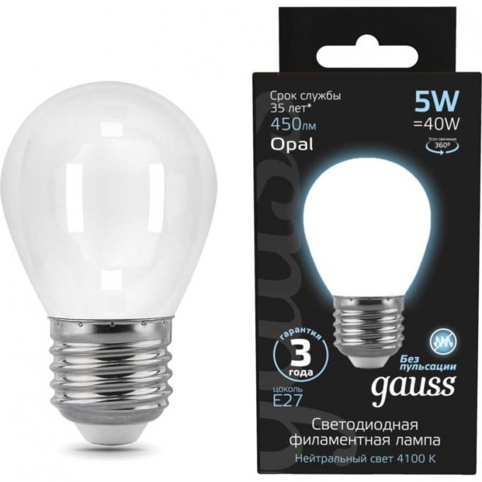 Лампа GAUSS FILAMENT Шар 5W 450lm 4100К Е27 milky LED 105202205 Лампа GAUSS FILAMENT Шар 5W 450lm 4100К Е27 milky LED 105202205