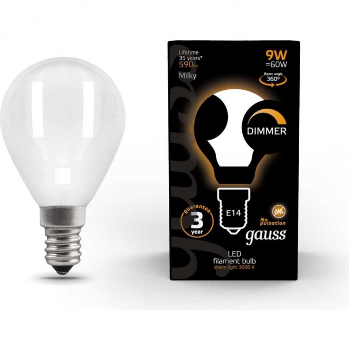 Лампа GAUSS FILAMENT Шар 9W 590lm 3000К Е14 milky диммируемая LED 105201109-D Лампа GAUSS FILAMENT Шар 9W 590lm 3000К Е14 milky диммируемая LED 105201109-D