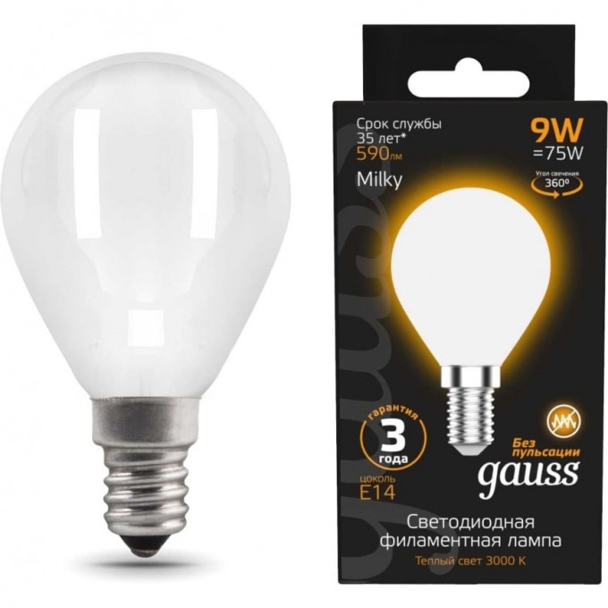 Лампа GAUSS FILAMENT Шар 9W 590lm 3000К Е14 milky LED 105201109 Лампа GAUSS FILAMENT Шар 9W 590lm 3000К Е14 milky LED 105201109