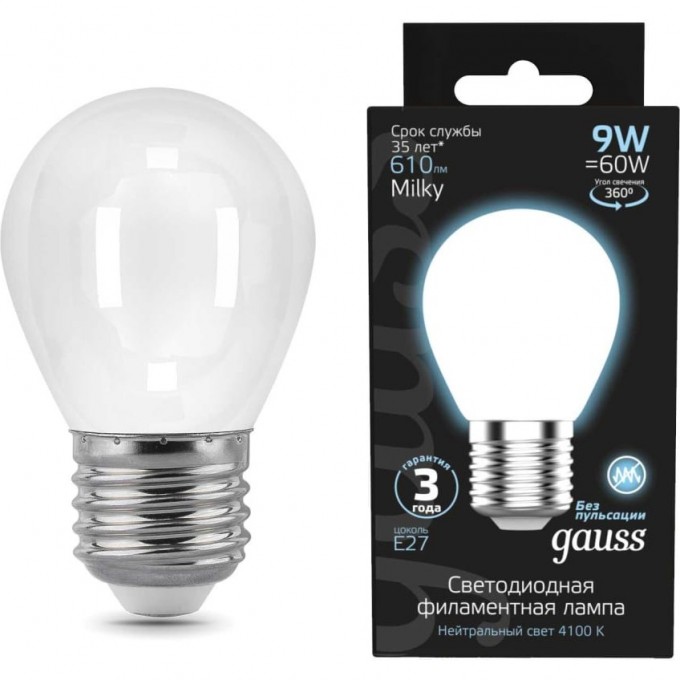 Лампа GAUSS FILAMENT Шар 9W 610lm 4100К Е27 milky LED 105202209 Лампа GAUSS FILAMENT Шар 9W 610lm 4100К Е27 milky LED 105202209
