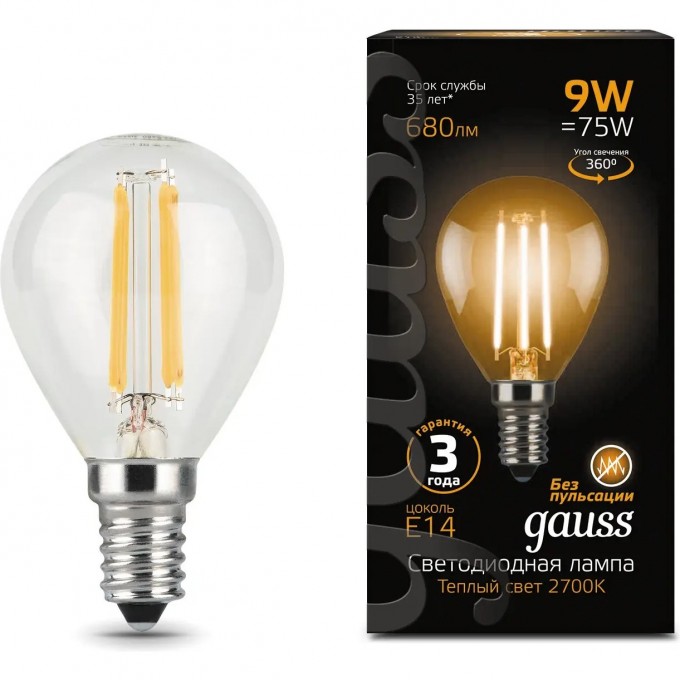 Лампа GAUSS FILAMENT Шар 9W 680lm 2700К Е14 LED 105801109 Лампа GAUSS FILAMENT Шар 9W 680lm 2700К Е14 LED 105801109