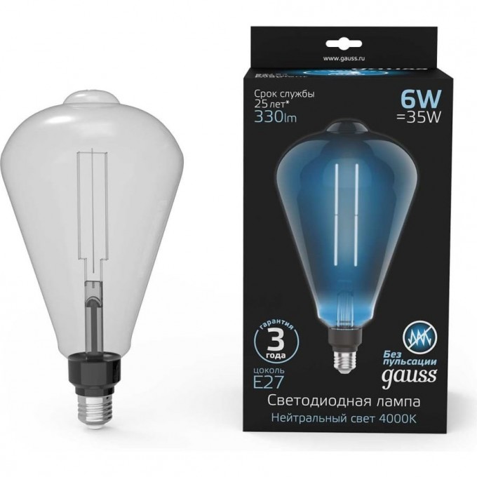 Лампа GAUSS FILAMENT ST164 6W 330lm 4000К Е27 gray straight LED 157802205 Лампа GAUSS FILAMENT ST164 6W 330lm 4000К Е27 gray straight LED 157802205
