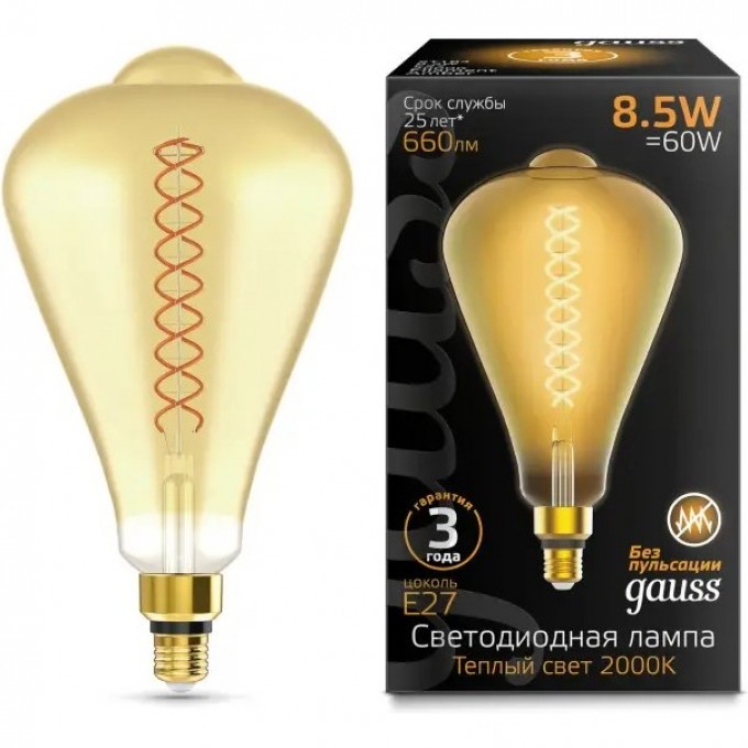 Лампа GAUSS FILAMENT ST164 8.5W 660lm 2000К Е27 golden flexible LED 157802105 Лампа GAUSS FILAMENT ST164 8.5W 660lm 2000К Е27 golden flexible LED 157802105