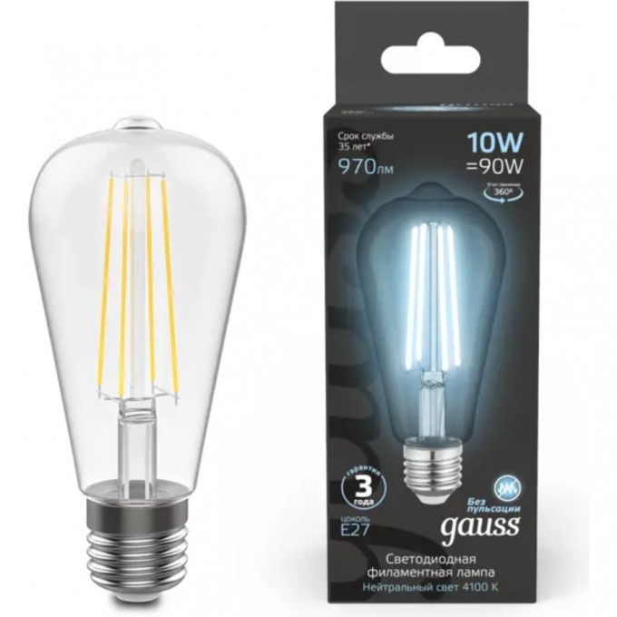 Лампа GAUSS FILAMENT ST64 10W 4100К Е27 LED 1/10/40 157802210 Лампа GAUSS FILAMENT ST64 10W 4100К Е27 LED 1/10/40 157802210