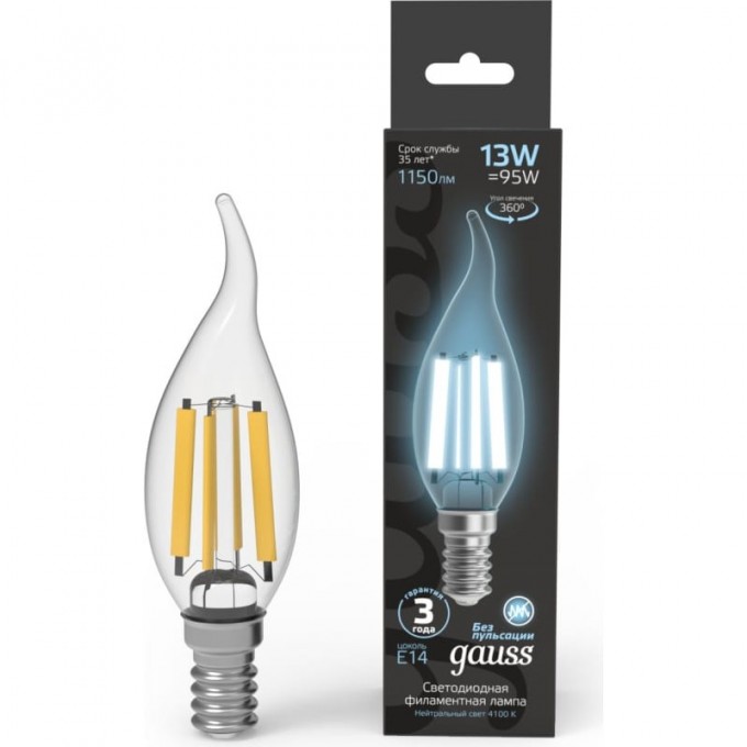 Лампа GAUSS FILAMENT Свеча на ветру 13W 1150lm 4100К Е14 LED 104801213 Лампа GAUSS FILAMENT Свеча на ветру 13W 1150lm 4100К Е14 LED 104801213