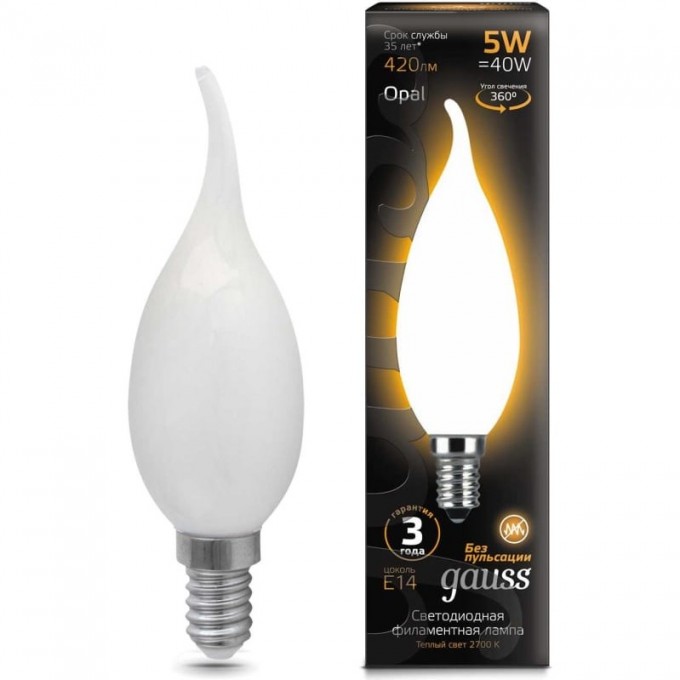 Лампа GAUSS FILAMENT Свеча на ветру 5W 420lm 2700К Е14 LED 104801105 Лампа GAUSS FILAMENT Свеча на ветру 5W 420lm 2700К Е14 LED 104801105