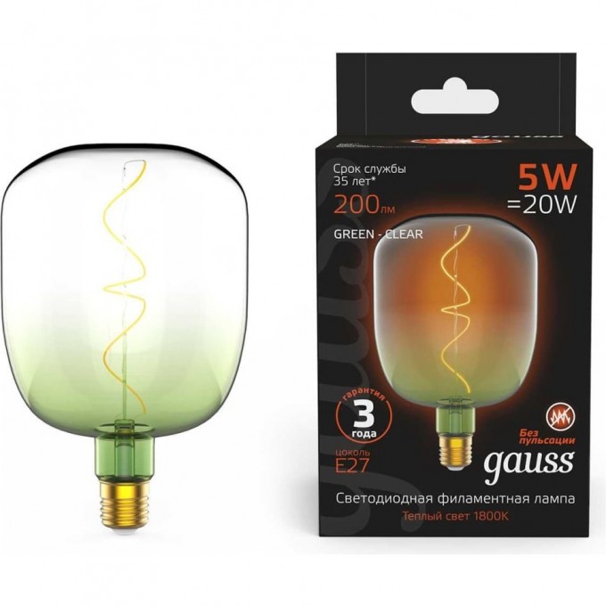 Лампа GAUSS FILAMENT V140 5W 200lm 1800К Е27 green-clear flexible LED 1009802105 Лампа GAUSS FILAMENT V140 5W 200lm 1800К Е27 green-clear flexible LED 1009802105
