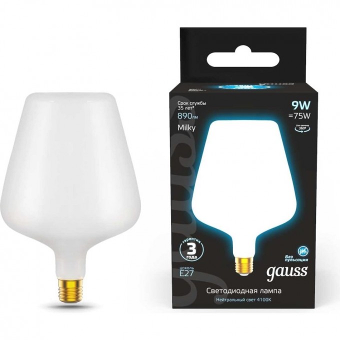 Лампа GAUSS FILAMENT V160 9W 890lm 4100К Е27 milky LED 1016802209 Лампа GAUSS FILAMENT V160 9W 890lm 4100К Е27 milky LED 1016802209