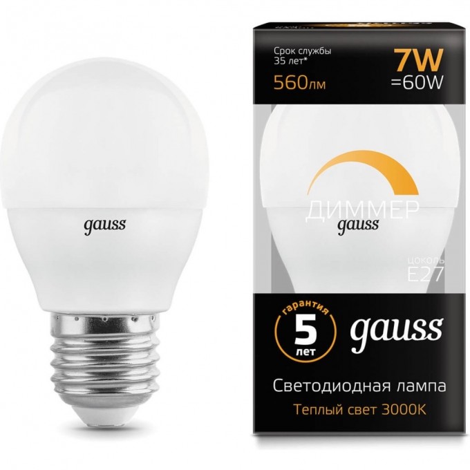 Лампа GAUSS LED 7W 3000К Е27 1/10/100 шар диммируемая 105102107-D Лампа GAUSS LED 7W 3000К Е27 1/10/100 шар диммируемая 105102107-D