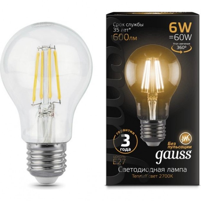 Лампа GAUSS LED BLACK FILAMENT A60 E27 6W 2700К 102802106 Лампа GAUSS LED BLACK FILAMENT A60 E27 6W 2700К 102802106