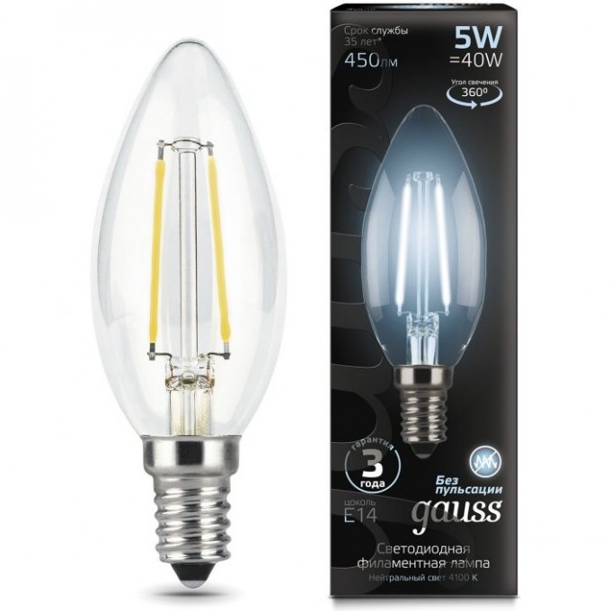 Лампа GAUSS LED BLACK FILAMENT CANDLE E14 5W 4100К 103801205 Лампа GAUSS LED BLACK FILAMENT CANDLE E14 5W 4100К 103801205