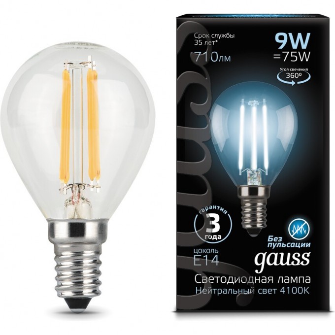 Лампа GAUSS LED BLACK FILAMENT GLOBE E14 9W 4100K 105801209 Лампа GAUSS LED BLACK FILAMENT GLOBE E14 9W 4100K 105801209