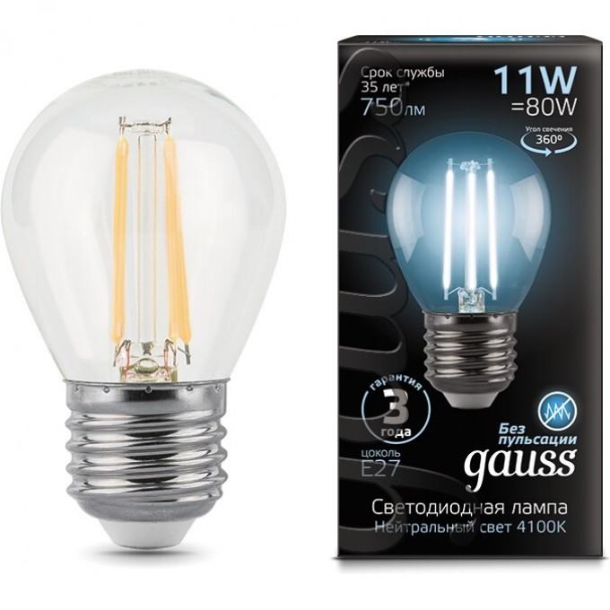Лампа GAUSS LED BLACK FILAMENT Шар E27 11W 750LM 4100K 1/10/50 105802211 Лампа GAUSS LED BLACK FILAMENT Шар E27 11W 750LM 4100K 1/10/50 105802211