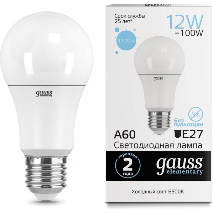 Лампа GAUSS LED ELEMENTARY A60 12W E27 6500K 23232 Лампа GAUSS LED ELEMENTARY A60 12W E27 6500K 23232