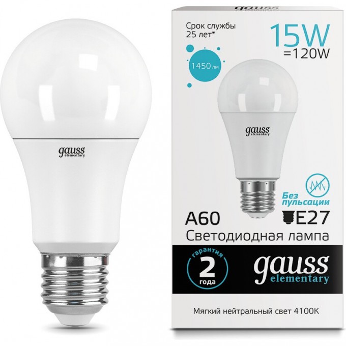 Лампа GAUSS LED ELEMENTARY A60 15W E27 4100K 23225 Лампа GAUSS LED ELEMENTARY A60 15W E27 4100K 23225