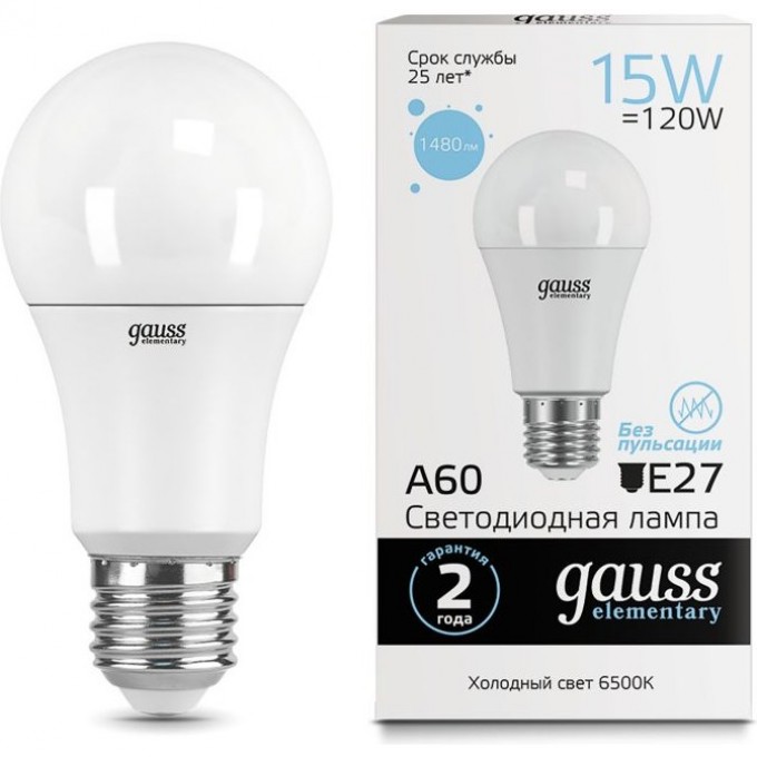 Лампа GAUSS LED ELEMENTARY A60 15W E27 6500K 23235 Лампа GAUSS LED ELEMENTARY A60 15W E27 6500K 23235