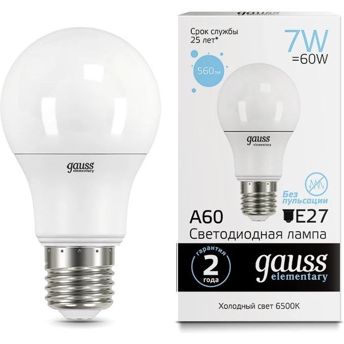 Лампа GAUSS LED ELEMENTARY A60 7W E27 560LM 6500K 1/10/100 23237A Лампа GAUSS LED ELEMENTARY A60 7W E27 560LM 6500K 1/10/100 23237A