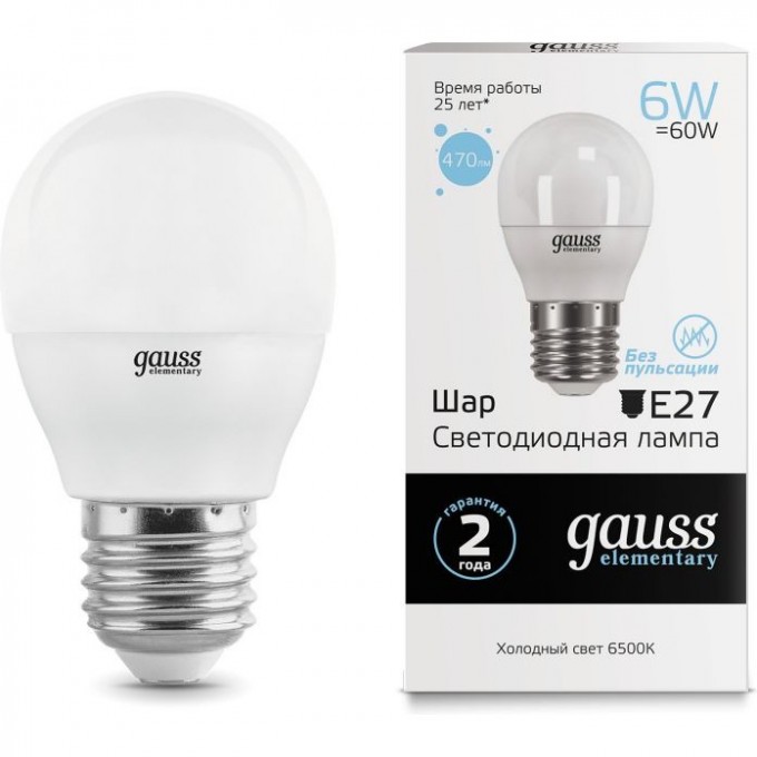Лампа GAUSS LED ELEMENTARY GLOBE 6W E27 6500K 53236 Лампа GAUSS LED ELEMENTARY GLOBE 6W E27 6500K 53236