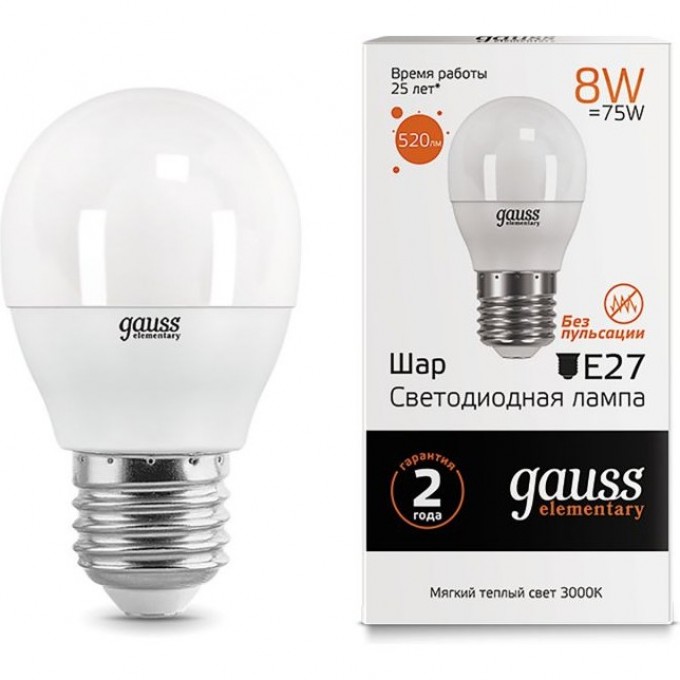 Лампа GAUSS LED ELEMENTARY GLOBE 8W E27 3000K 53218 Лампа GAUSS LED ELEMENTARY GLOBE 8W E27 3000K 53218