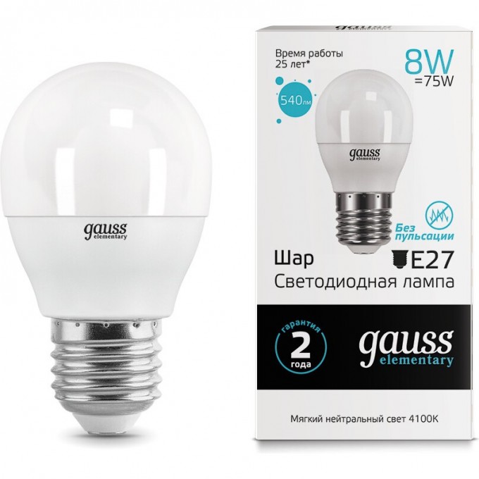 Лампа GAUSS LED ELEMENTARY GLOBE 8W E27 4100K 53228 Лампа GAUSS LED ELEMENTARY GLOBE 8W E27 4100K 53228