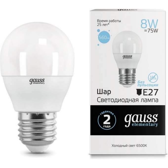 Лампа GAUSS LED ELEMENTARY GLOBE 8W E27 6500K 53238 Лампа GAUSS LED ELEMENTARY GLOBE 8W E27 6500K 53238