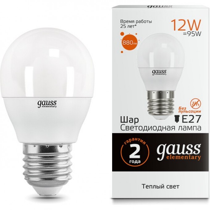 Лампа GAUSS LED ELEMENTARY Шар 12W 880LM E27 53212 Лампа GAUSS LED ELEMENTARY Шар 12W 880LM E27 53212
