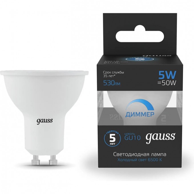 Лампа GAUSS MR16 5W 530lm 6500K GU10 диммируемая LED 101506305-D Лампа GAUSS MR16 5W 530lm 6500K GU10 диммируемая LED 101506305-D