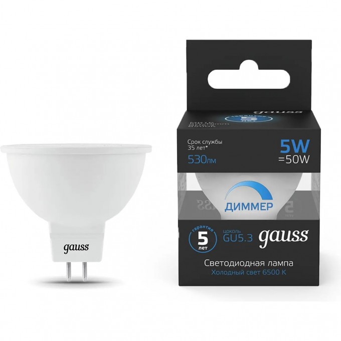 Лампа GAUSS MR16 5W 530lm 6500K GU5.3 диммируемая LED 101505305-D Лампа GAUSS MR16 5W 530lm 6500K GU5.3 диммируемая LED 101505305-D