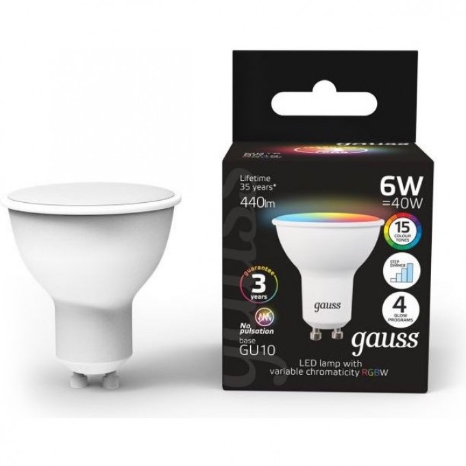 Лампа GAUSS MR16 6W GU10 RGBW LED 1/100 с димированием 101106406 Лампа GAUSS MR16 6W GU10 RGBW LED 1/100 с димированием 101106406
