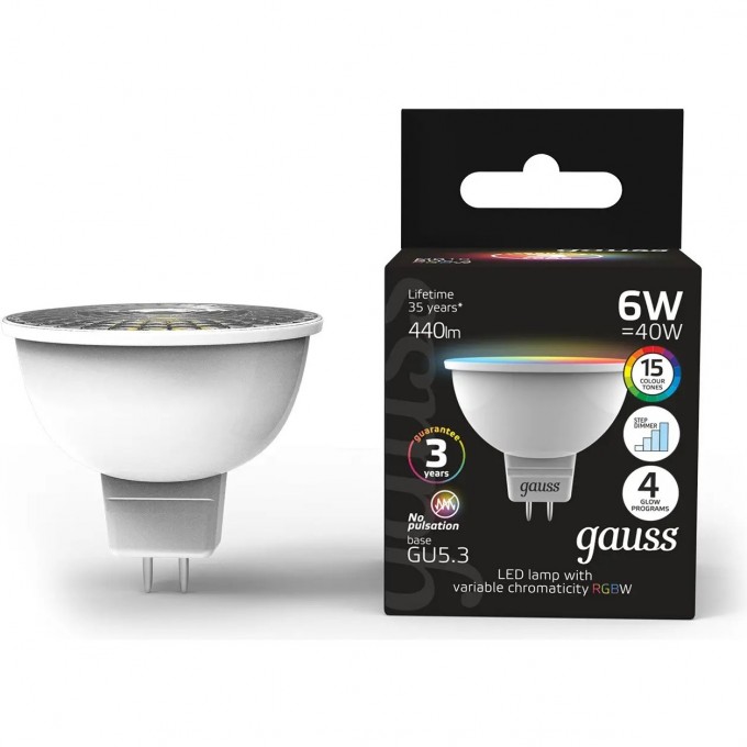 Лампа GAUSS MR16 6W GU5.3 RGBW+димирование LED 101105406 Лампа GAUSS MR16 6W GU5.3 RGBW+димирование LED 101105406