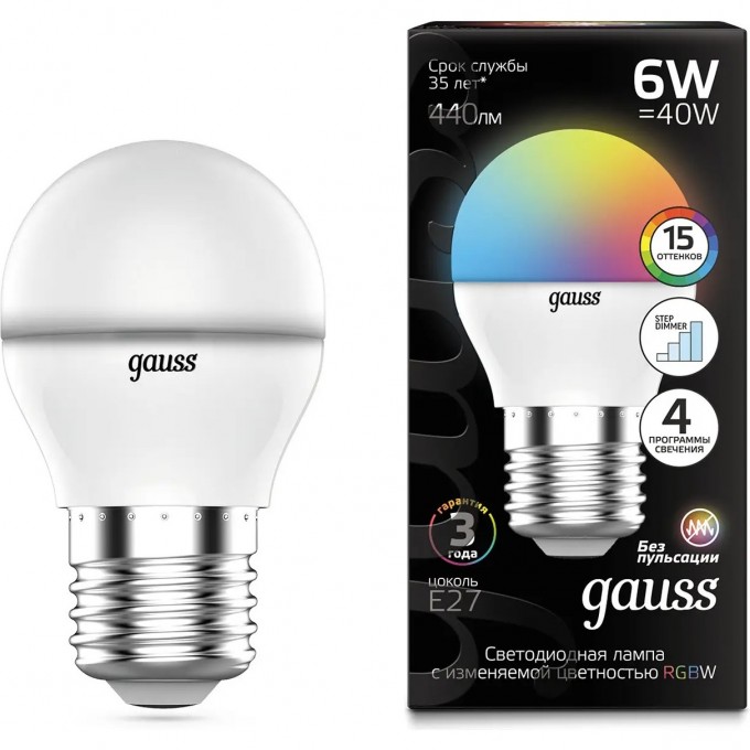 Лампа GAUSS Шар G45 6W E27 RGBW+димирование LED 105102406 Лампа GAUSS Шар G45 6W E27 RGBW+димирование LED 105102406