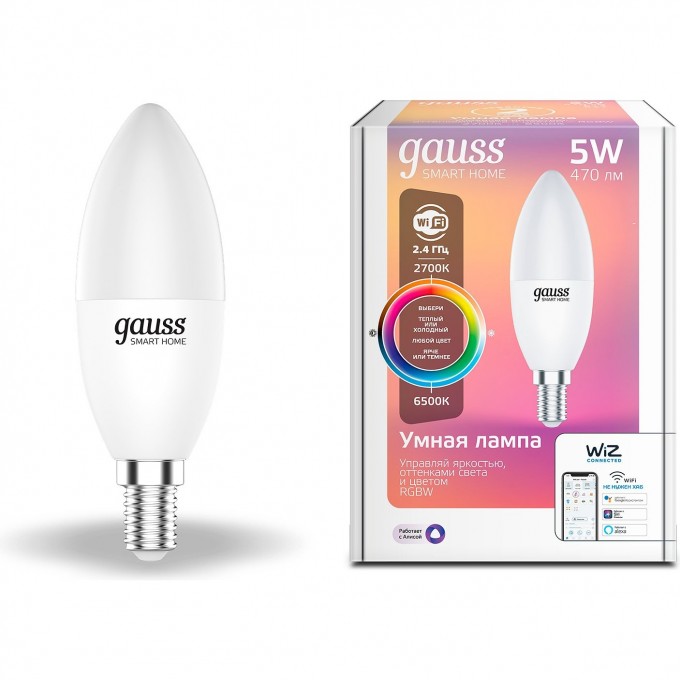 Лампа светодиодная диммируемая GAUSS SMART HOME E14 5W 2700-6500K RGBW матовая 1190112 Лампа светодиодная диммируемая GAUSS SMART HOME E14 5W 2700-6500K RGBW матовая 1190112