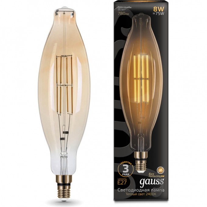 Лампа светодиодная филаментная GAUSS FILAMENT BT120 6W 780lm 2400К Е27 GOLDEN STRAIGHT LED 1/10 155802008 Лампа светодиодная филаментная GAUSS FILAMENT BT120 6W 780lm 2400К Е27 GOLDEN STRAIGHT LED 1/10 155802008