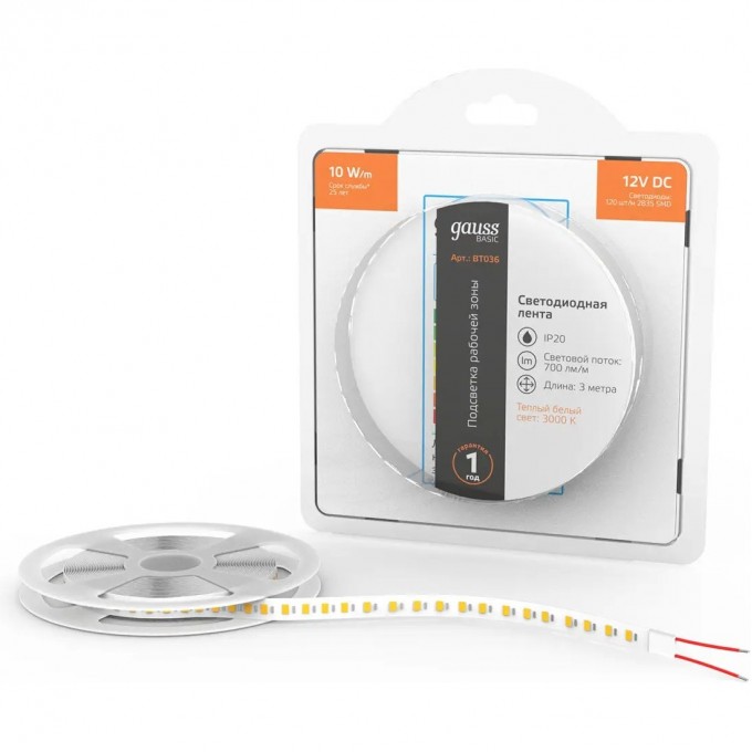 Лента GAUSS BASIC LED 2835/120 12V 10W/m 700lm/m 3000K 8mm IP20 3m BT036 Лента GAUSS BASIC LED 2835/120 12V 10W/m 700lm/m 3000K 8mm IP20 3m BT036